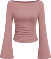 Elegante oudroze geribbelde top met boothals, uitlopende mouwen en geplooide zijkanten - S / Tops / Grijsroze 123