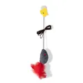 Hanging interactive cat toy with a chirping mouse and red feathers for door attachment. - Gray