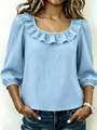 Elegante lichtblauwe damesblouse met vierkante hals, ruffelkraag en lantaarnmouwen - Hemelsblauw