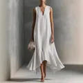 Elegante vestido largo blanco sin mangas con cuello en V y dobladillo de volantes - S / Blanco