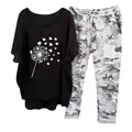 Women's two-piece casual set featuring dandelion print T-shirt and camouflage pants - 3XL / Top And Bottom / Black (Element 48)
