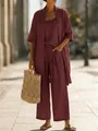 Elegant women's burgundy 3-piece linen set with cardigan and wide-leg pants for vacation - Dark Red