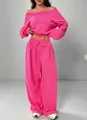 Vibrant pink off-shoulder loungewear set with wide-leg drawstring pants for women - S / Top And Bottom / Rose Red
