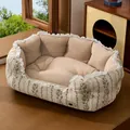 Gemütliches geblümtes Haustierbett mit weißem Spitzenrand für Katzen und Hunde - Beige Blumenmuster / Größe XL (76*56*23CM)