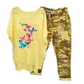 Women's casual two-piece set with butterfly print yellow top and camouflage pants - 3XL / Top And Bottom / Colored Butterfly Print-Yellow