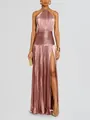 Roségoldenes plissiertes Neckholder-Maxikleid in Metallic-Optik mit hohem Beinschlitz - XS / Kleid (8155) / Rosa