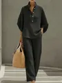 Casual waffle knit two-piece set with loose button top and wide-leg pants in charcoal - S / Top And Bottom / Black
