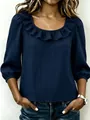 Elegante donkerblauwe damesblouse met ruffelkraag en driekwart lantaarnmouwen voor vrouwen - Donkerblauw