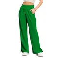 Women's lightweight high-waisted wide-leg casual pants in a vibrant green solid color - Green