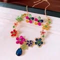 Detailed view of colorful rhinestone flower necklace and earring jewelry set - Earrings Necklace Set (HN13695-1) / Gold-Multicolor
