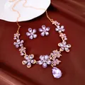 Elegant purple flower necklace and earring set with teardrop crystal pendant - Earrings Necklace Set (HN13695-1) / Gold-Purple