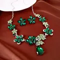 Elegant emerald green crystal flower and teardrop necklace and earring set in silver - Earrings Necklace Set (HN13695-1) / Silver-Green