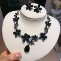 Elegant black flower jewelry set featuring sparkling rhinestones and a large teardrop pendant - Earrings Necklace Set (HN13695-1) / Gun Black-Black
