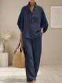 Ensemble décontracté deux pièces pour femme en maille gaufrée bleu marine avec pantalon - Bleu foncé