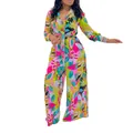 Vibrant tropical floral print two-piece set with tie-front shirt and wide-leg pants. - S / Top And Bottom / Fruit Green