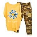 Women's two-piece set featuring yellow daisy t-shirt and camouflage pants outfit - 3XL / Top And Bottom / Yellow (Element 51)