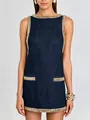 Elegant sleeveless denim mini dress with heavy gold crystal trim and pocket detail - XS / Dresses / Dark Blue
