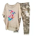 Women's casual two-piece set featuring butterfly print tee and camouflage pants - 3XL / Top And Bottom / Colored Butterfly Print-Apricot
