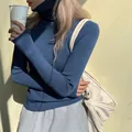 Elegant blue ribbed turtleneck sweater for women with a slim fit and long sleeves - S (Recommended 80-90 Jin) / Tops / Dark Blue