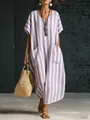 Loose purple and white striped V-neck maxi dress with pockets for summer - Light Purple