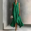 Elegante vestido largo verde sin mangas con cuello en V y bajo de volantes asimétrico - S / Verde