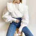 Elegant French-style white shirt with large ruffled Peter Pan collar and puff sleeves. - S / Tops / White