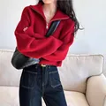 Red half-zip knit sweater for women, casual loose fit short style pullover sweater - One Size / Tops / Red