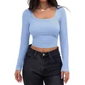 Top corto a maniche lunghe blu chiaro in maglia a coste aderente con elegante scollo a u - Azzurro