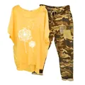 Casual women's two-piece set with yellow dandelion t-shirt and camo sequin pants - 3XL / Top And Bottom / Yellow (Element 47)