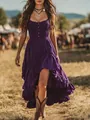 Detailed look at purple Bohemian festival dress with irregular ruffled hem and smocked bodice - S / Dresses / Purple