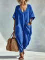 Bohemian blue linen V-neck jumpsuit with oversized pockets for summer vacation - Blue