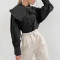 Elegant French style black long sleeve cotton blouse with oversized ruffled doll collar - S / Tops / Black