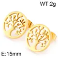 Pendientes de botón Árbol de la Vida de acero inoxidable dorado, redondos, 15 mm - Pendientes Árbol de la Vida Redondos Calados (KE75264-K)