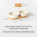 Set di doppie ciotole in ceramica bianca lucida per animali con vassoio in bambù naturale - Taglia M / Supporto Doppio in Bambù / Bianco Crema Lucido