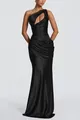 Elegant black satin one-shoulder dress with a stylish waist cutout and mermaid silhouette. - Black