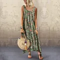 Bohemisches ärmelloses Maxikleid mit Print für den Urlaub, lockere Passform. - S / Kleider / Dunkelgrün