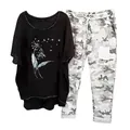 Women's 2-piece casual set with dandelion print t-shirt and camouflage pants - 3XL / Top And Bottom / Dandelion Print-Black