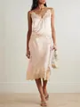 Elegant champagne satin loungewear two-piece set with lace trim camisole and midi skirt - S / Top And Bottom / Pink
