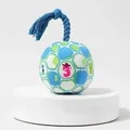 Plush dog ball toy with blue cotton rope handle and colorful patterned hexagons - Blue Cartoon Style