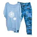 Casual two-piece set for women featuring a dandelion print top and camouflage pants - 3XL / Top And Bottom / Blue (Element 47)