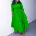 Elegant green plus size midi dress with waist tie and 3/4 sleeves for women - L / Dresses / Green