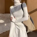 Elegant women's white turtleneck ribbed slim fit long sleeve knit sweater in SKU view - White