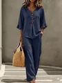 Ensemble décontracté deux pièces bleu marine avec haut boutonné et pantalon large - S / Haut Et Bas / Bleu marine