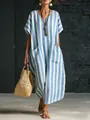 Elegante vestido largo bohemio de rayas azules y blancas con cuello en V y bolsillos - S / Azul cielo