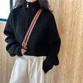 Women's stylish black half-zip mock neck knit sweater in a loose casual short style - One Size / Tops / Black