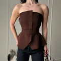 Elegant dark brown strapless peplum corset top with matching waist belt for women - S / Tops / Brown