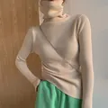 Elegant beige slim fit turtleneck ribbed knit sweater for women, long sleeve variant style - Apricot