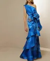 Detail view of elegant royal blue one-shoulder evening gown with large 3D flower accent - S / Dresses / Blue