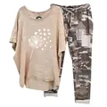 Casual two-piece set featuring dandelion print top and camouflage pants - 3XL / Top And Bottom / Apricot (Element 48)