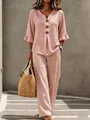 Ensemble décontracté rose 2 pièces pour femme avec haut boutonné col V et pantalon large. - S / Haut Et Bas / Rose